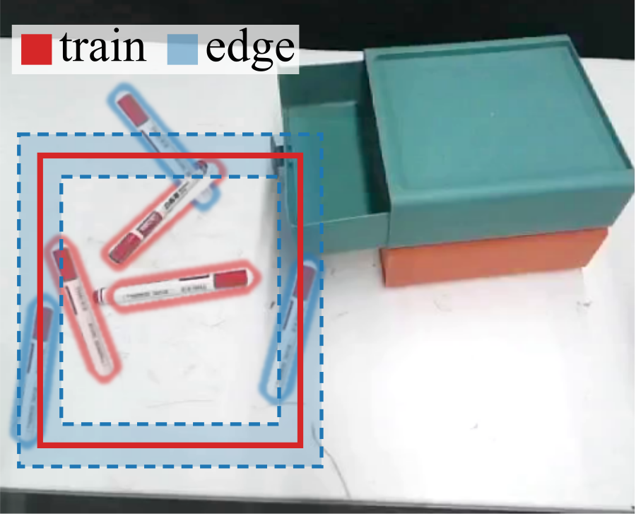Top camera view with the region of initial pen positions in red and its sparse boundary band in blue